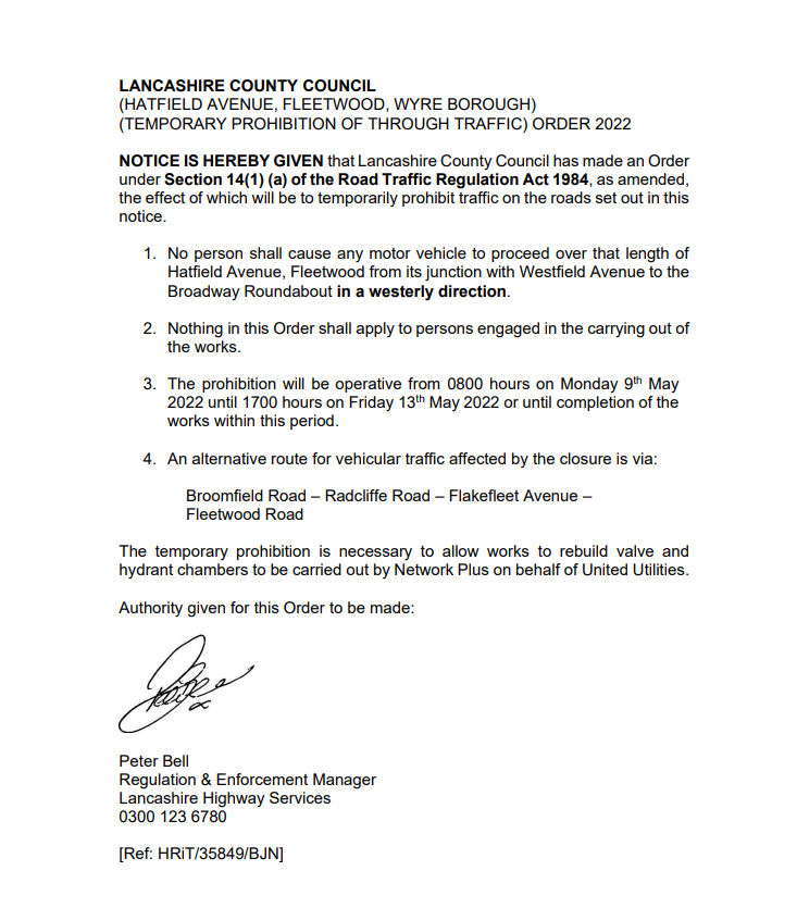 Temporary Traffic Regulation Order for Hatfield Road 1 News Fleetwood Town Council